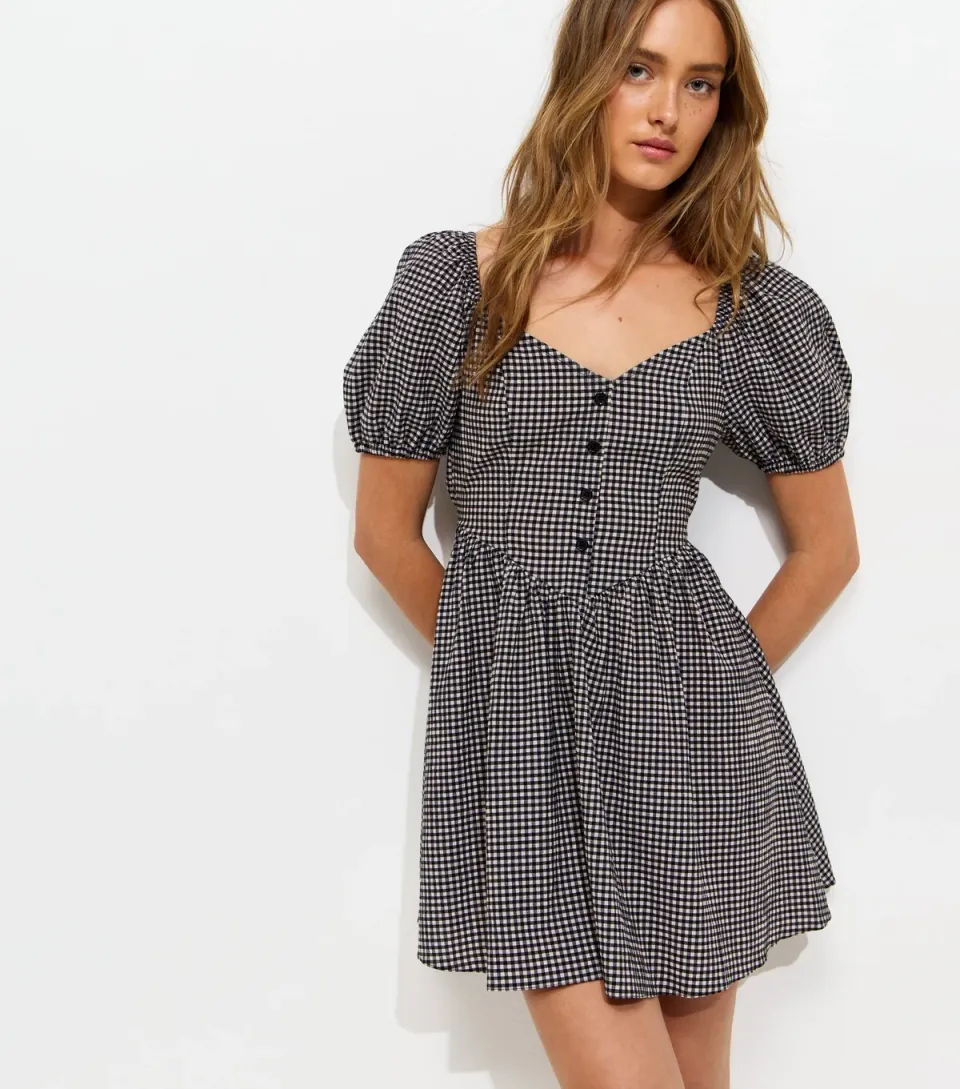 Women's Black Gingham Milkmaid Mini Dress