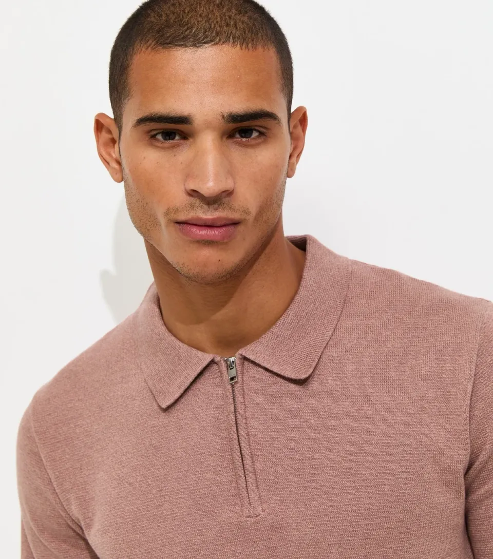 Men's Light Pink Knitted Zip Front Polo Shirt