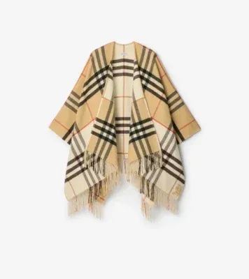 Contrast Check Cashmere Wool Cape in Sand beige/pebble white