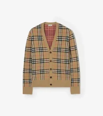Check Cotton Wool Cardigan in Sand beige