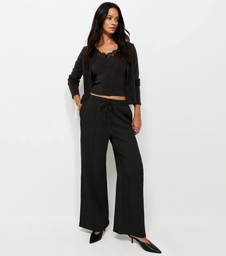Women's Black Ribbed Texture Wide Leg Trousers