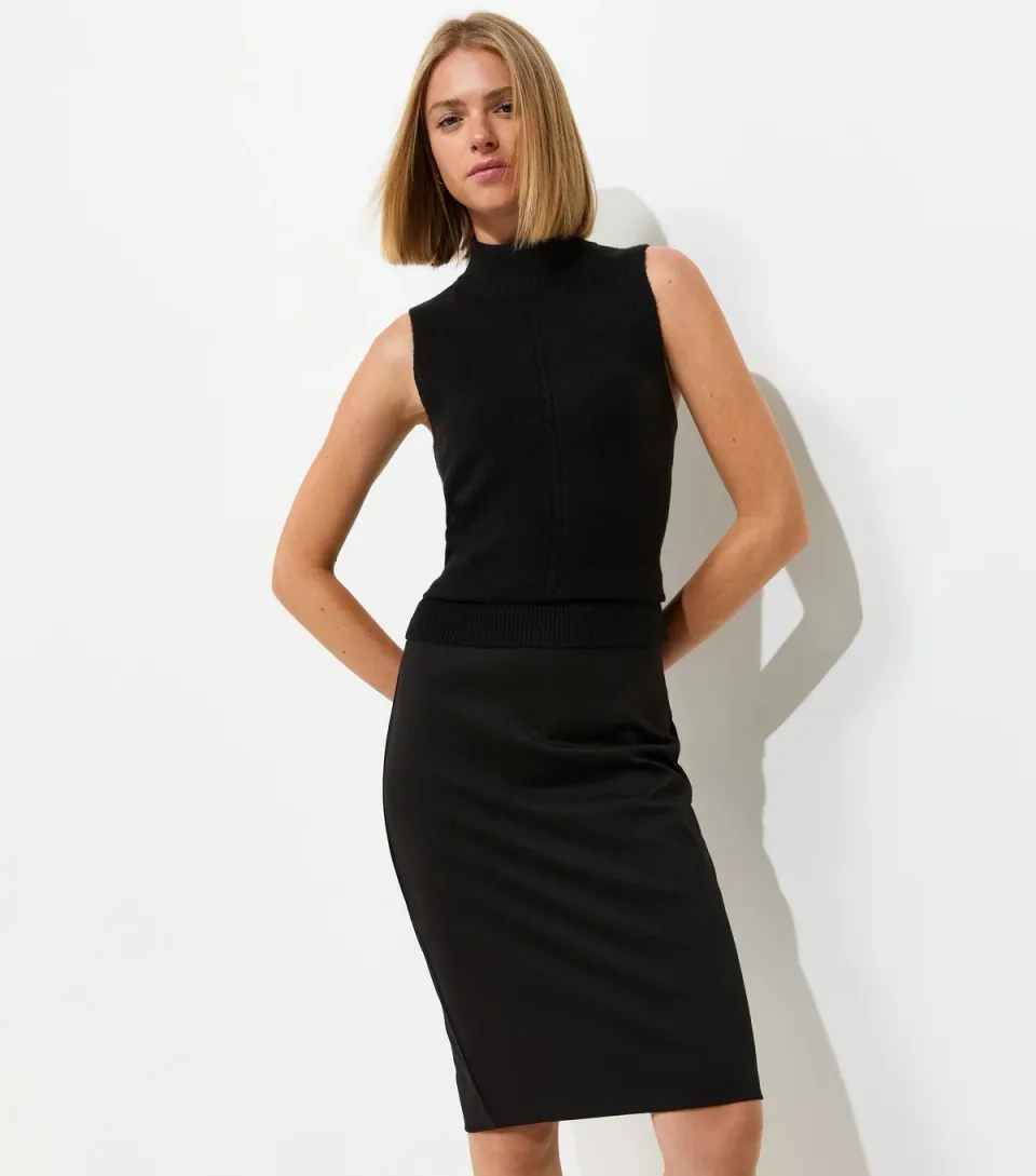 Women's Black Ponte Midi Pencil Skirt