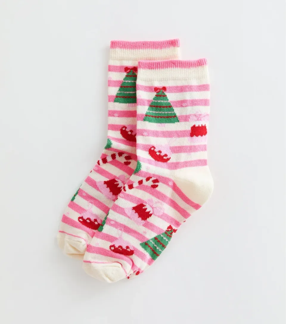 Pink Cotton Rich Striped Christmas Patterned Ankle Socks