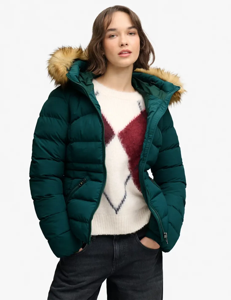 Hooded Faux Fur Trim Puffer Jacket Green