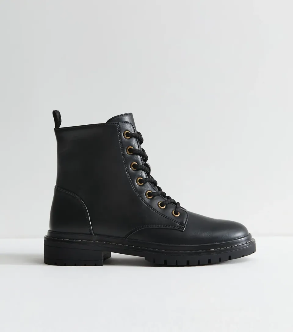 Women's Black Faux Leather Stitch Trim Lace Up Ankle Boots Vegan
