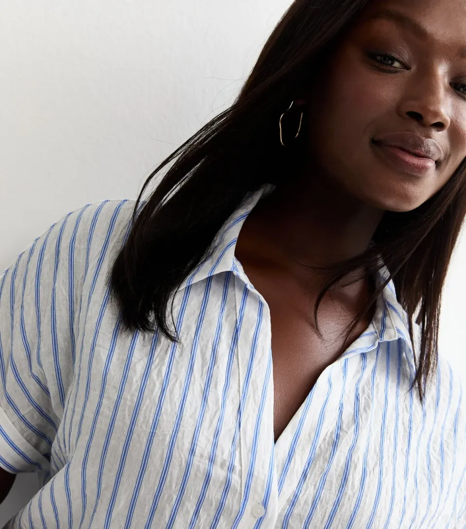 Women's Plus Size Blue Striped Short Sleeve Shirt Curves