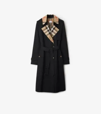 Long Check Collar Gabardine Trench Coat in Black - Women, Cotton Gabardine