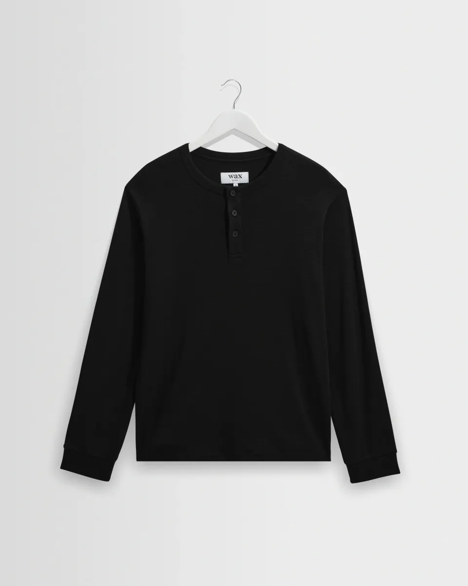 Caleb - Black Brushed Organic Cotton Henley Long-Sleeve t-Shirt
