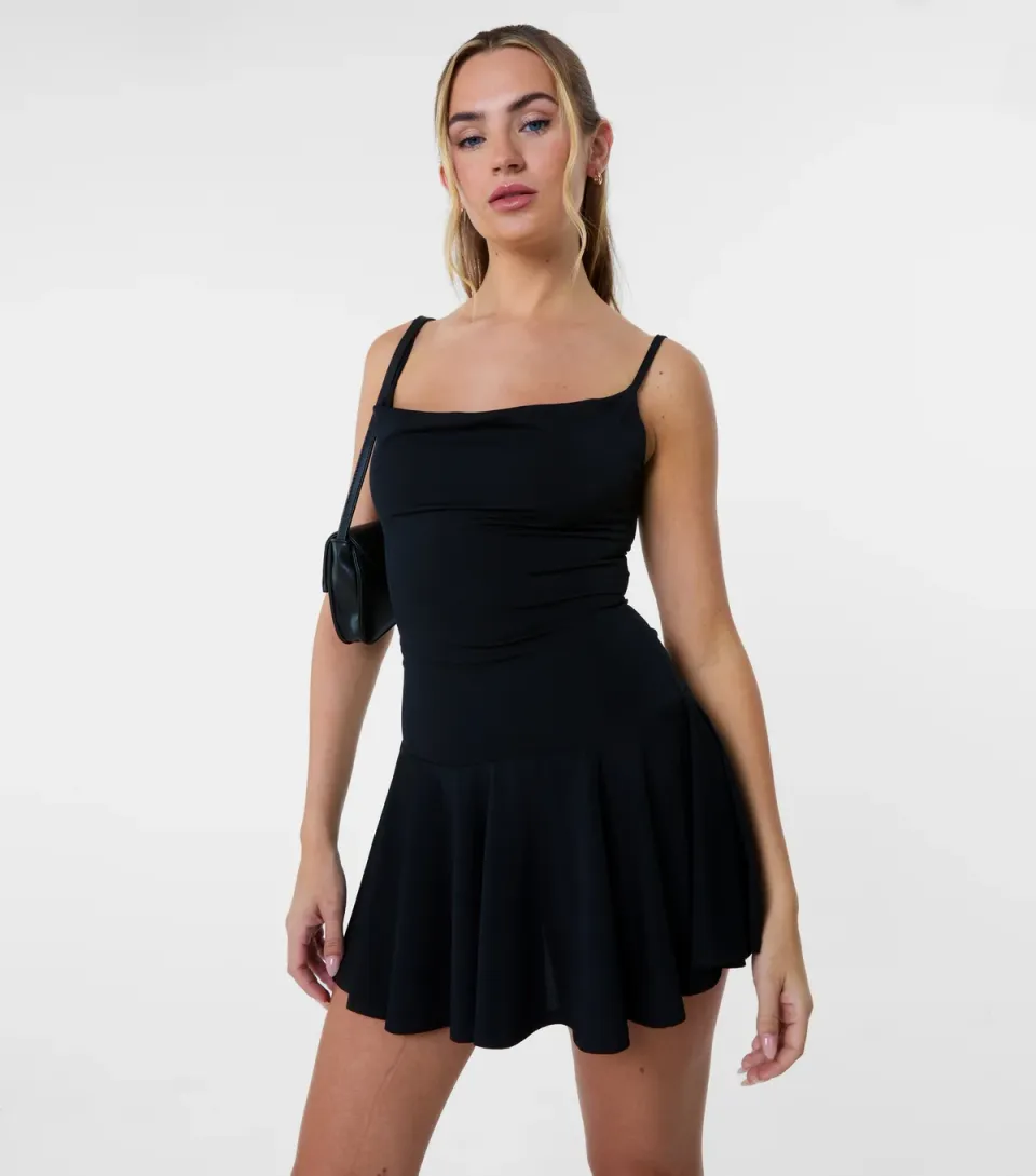 Women's Black Strappy Flip Skirt Mini Dress