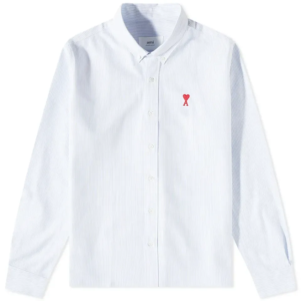 AMI Heart Striped Button Down Oxford Shirt
