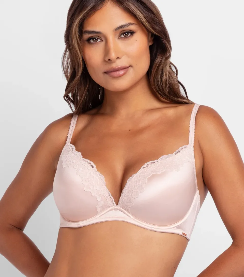 Women's Light Pink Lace Trimmed Plunge Bra
