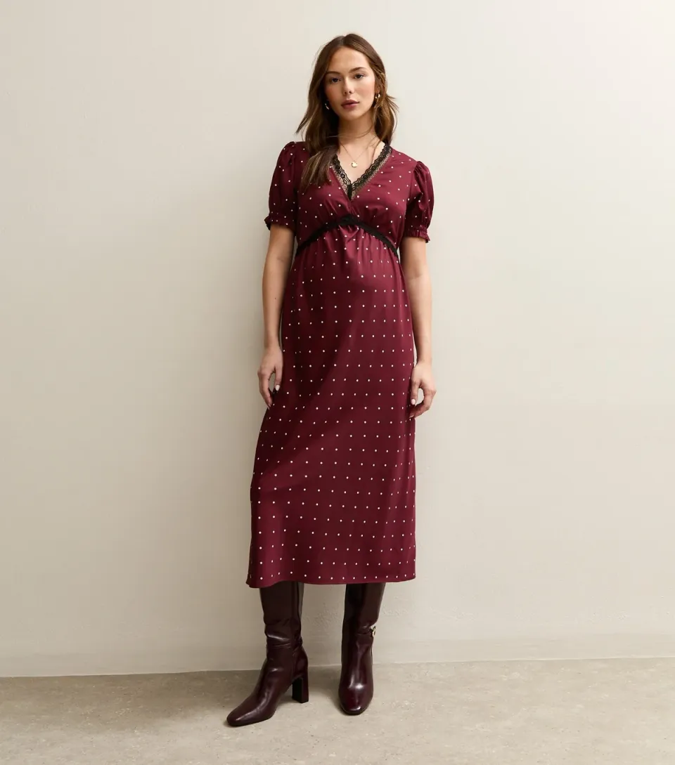 Women's Maternity Red Polka Dot Lace Trim Midi Dress
