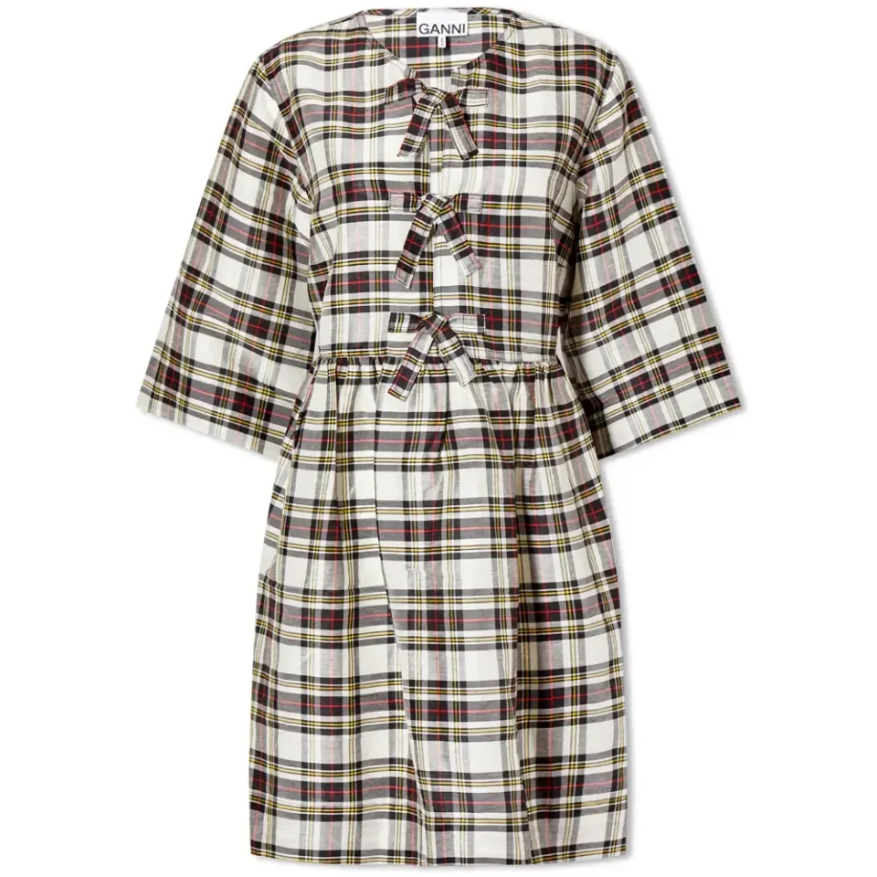 Silk Check Ribbon Mini Dress