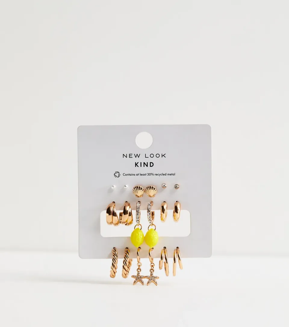Pack of 9 Gold Tone Stud and Hoop Earrings