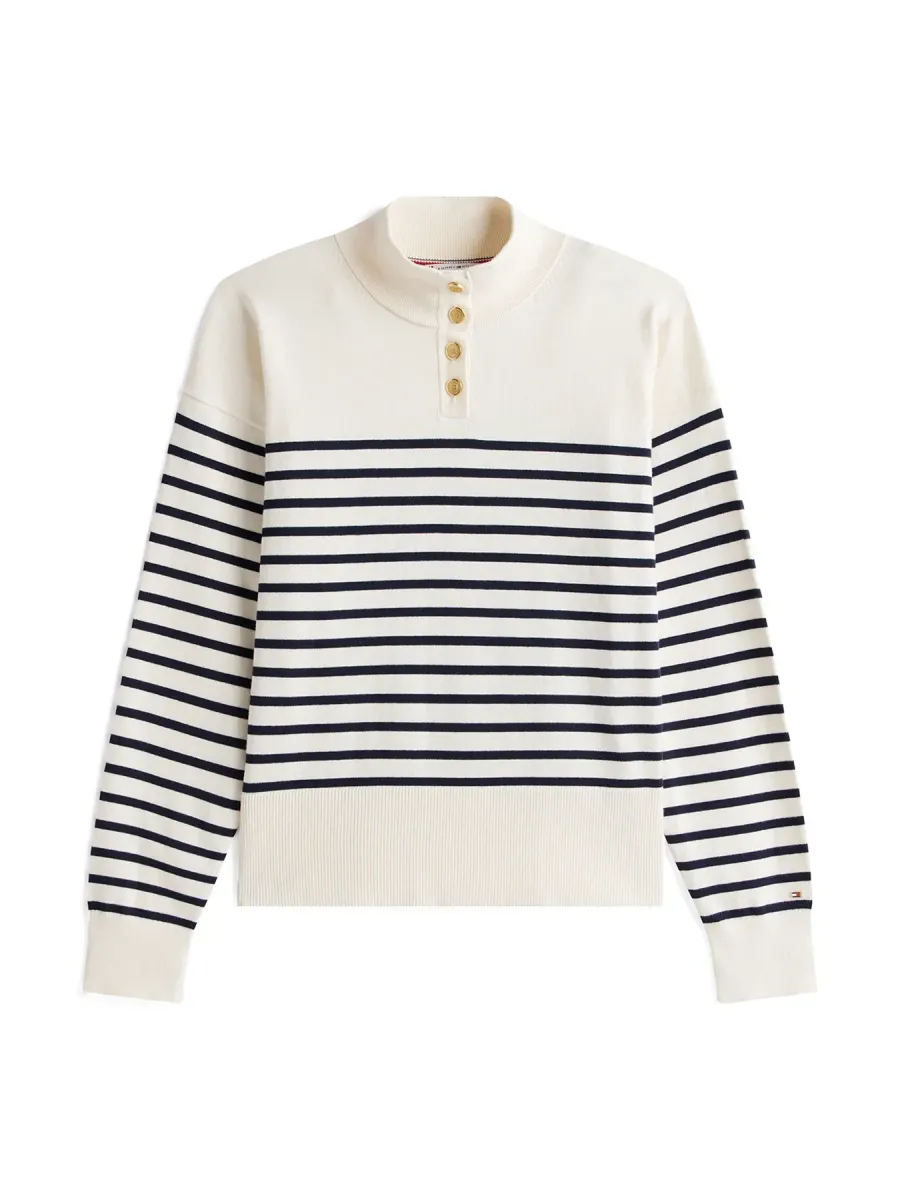 Stripe Gold-Tone Button Mock Neck Jumper