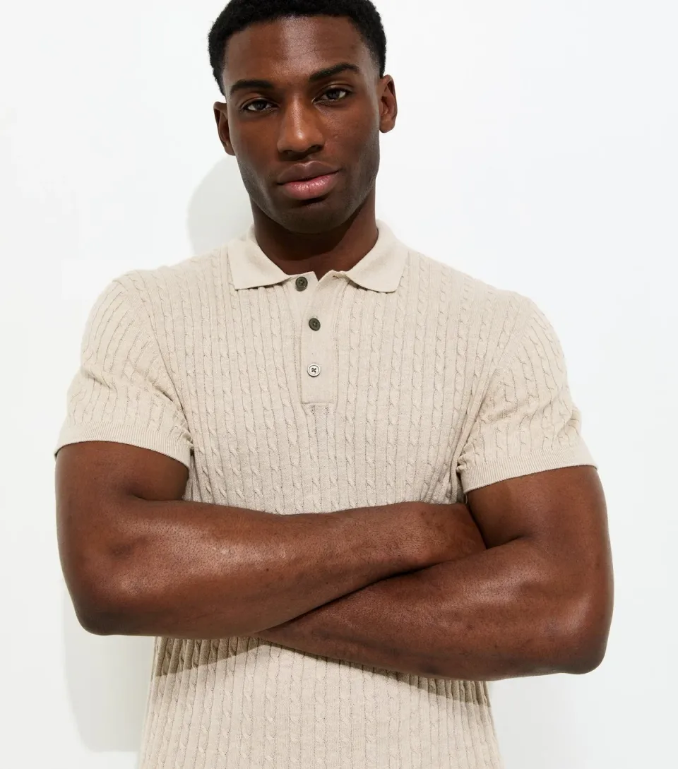 Men's Oatmeal Regular Cable Knit Polo Shirt