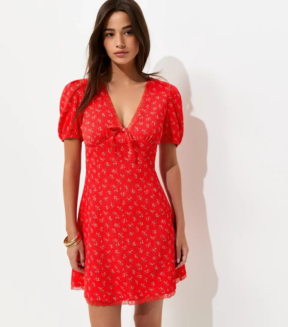 Women's Red Ditsy Floral Short Sleeve Mini Dress
