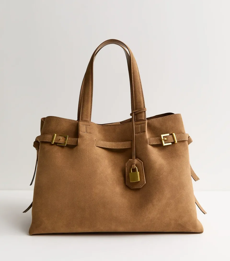 Camel Faux Suede Belted Lock Tote Bag