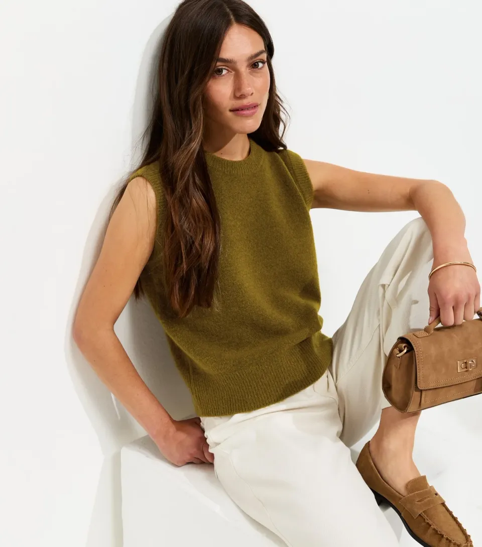 Women's Petite Light Khaki Midweight Knitted Sleeveless Top