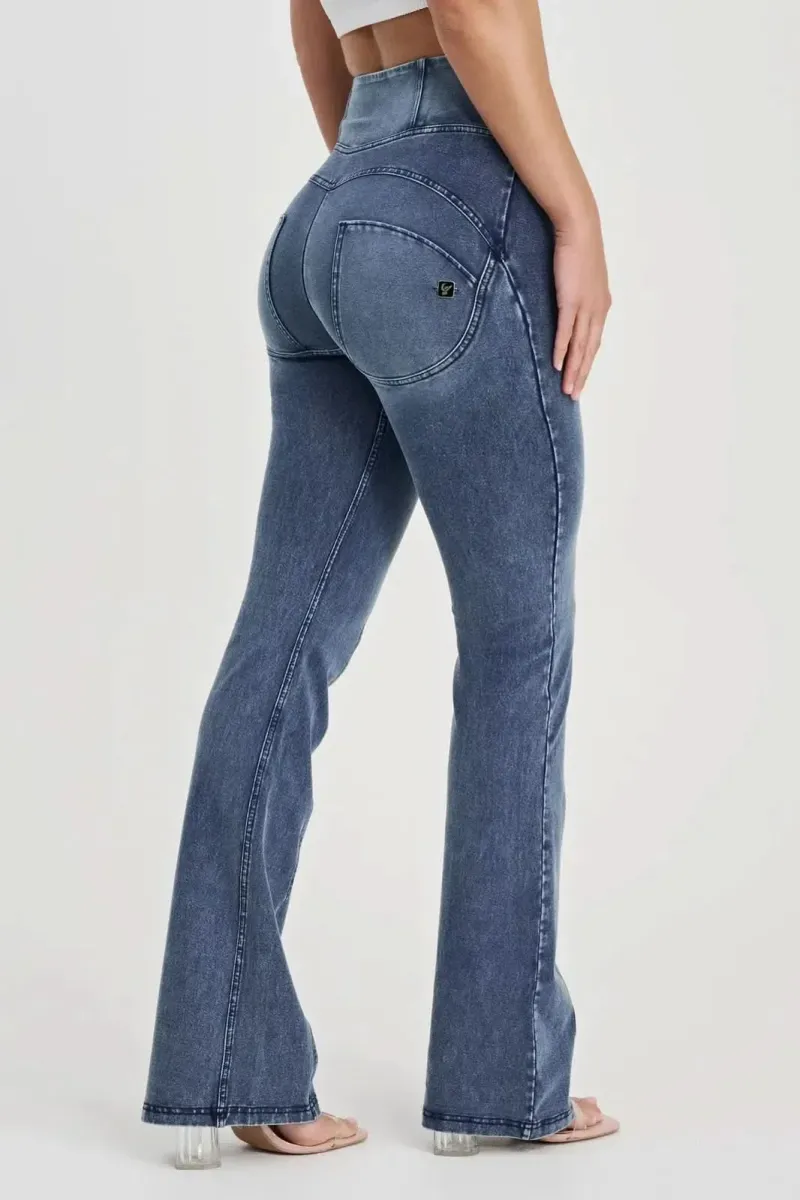 WRUP Denim with Feature Seam - High Waisted - Bell Bottom Flare - Vintage Blue + Blue Stitching