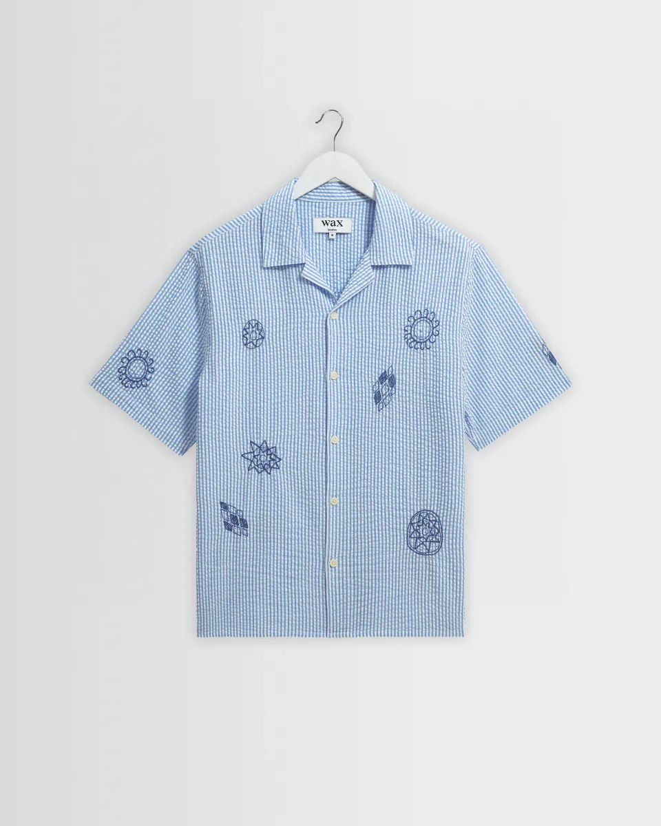 Didcot - Blue and Ecru Doodle Seersucker Short-Sleeve Shirt