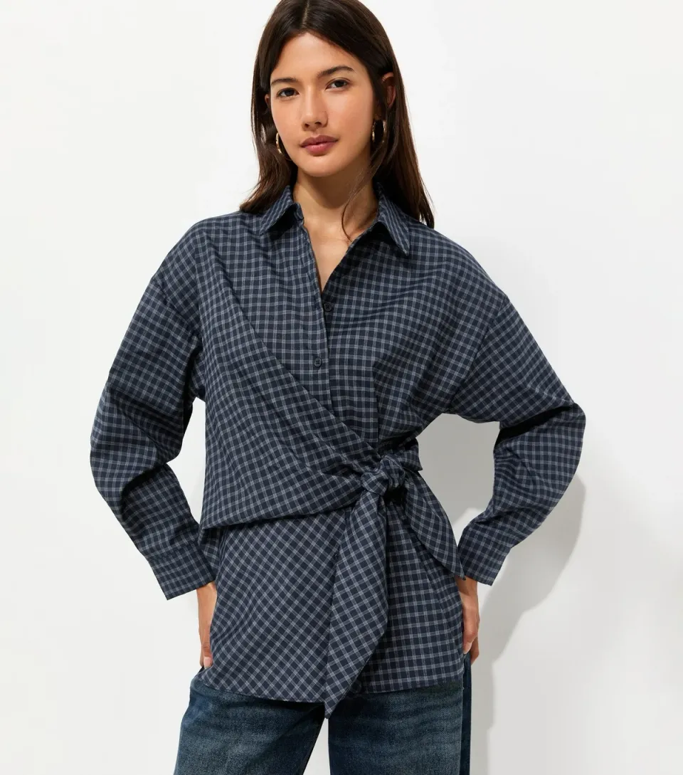Women's Blue Check Side Tie Long Sleeve Shirt