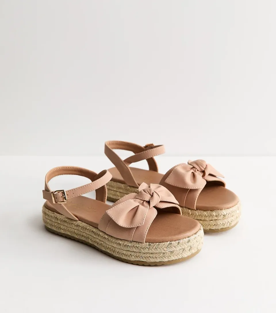 Women's Extra Wide Fit Light Pink Bow Front Flatform Sandals Vegan