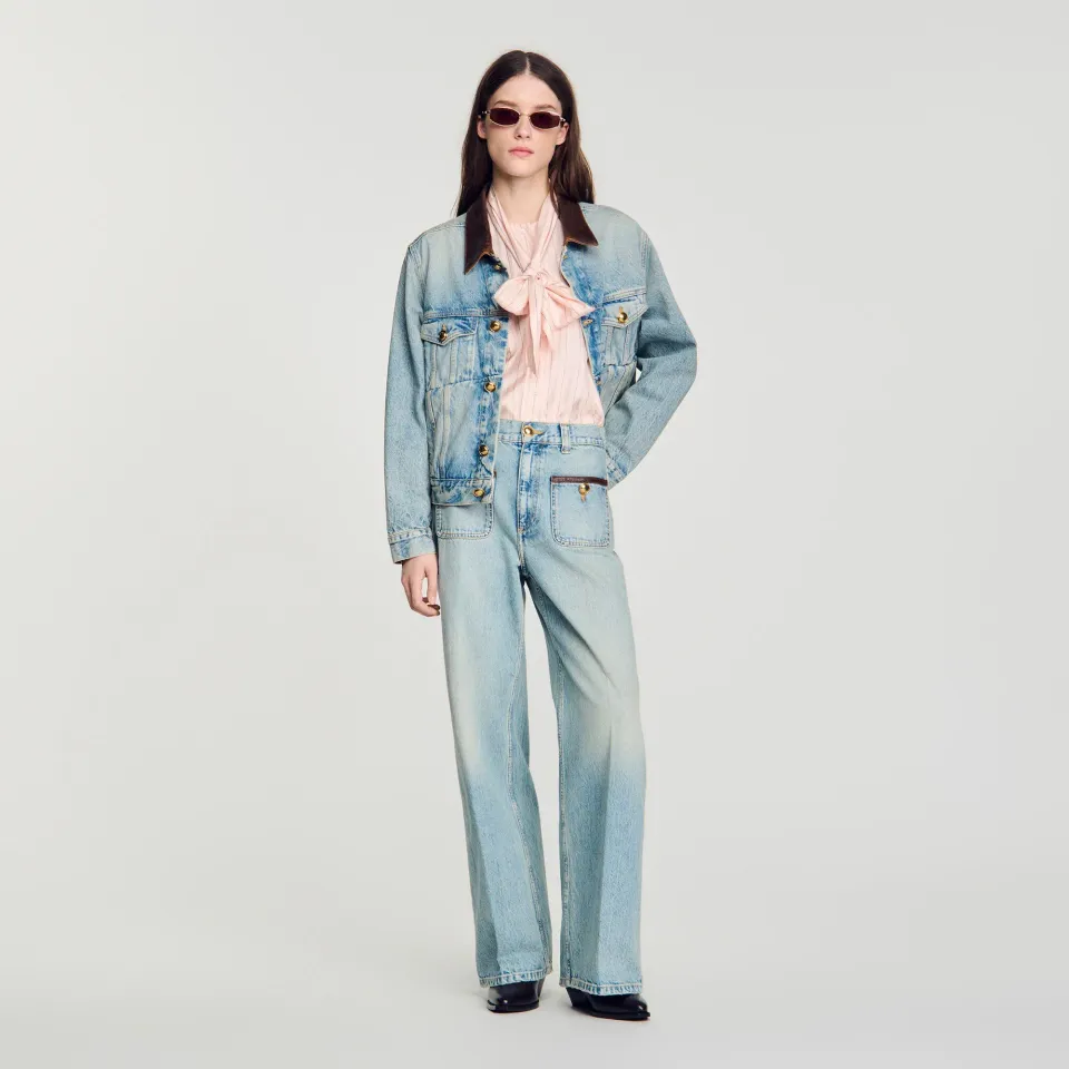 Straight-leg leather detail jeans