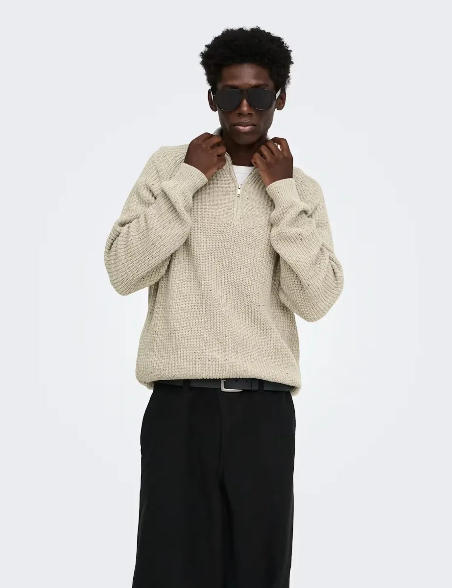 Cotton Rich Textured Funnel Neck Zip Up Jumper
