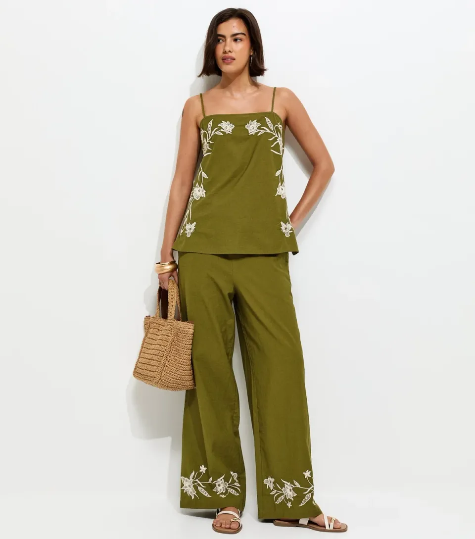 Women's Green Cotton Floral Embroidery Wide Leg Trousers