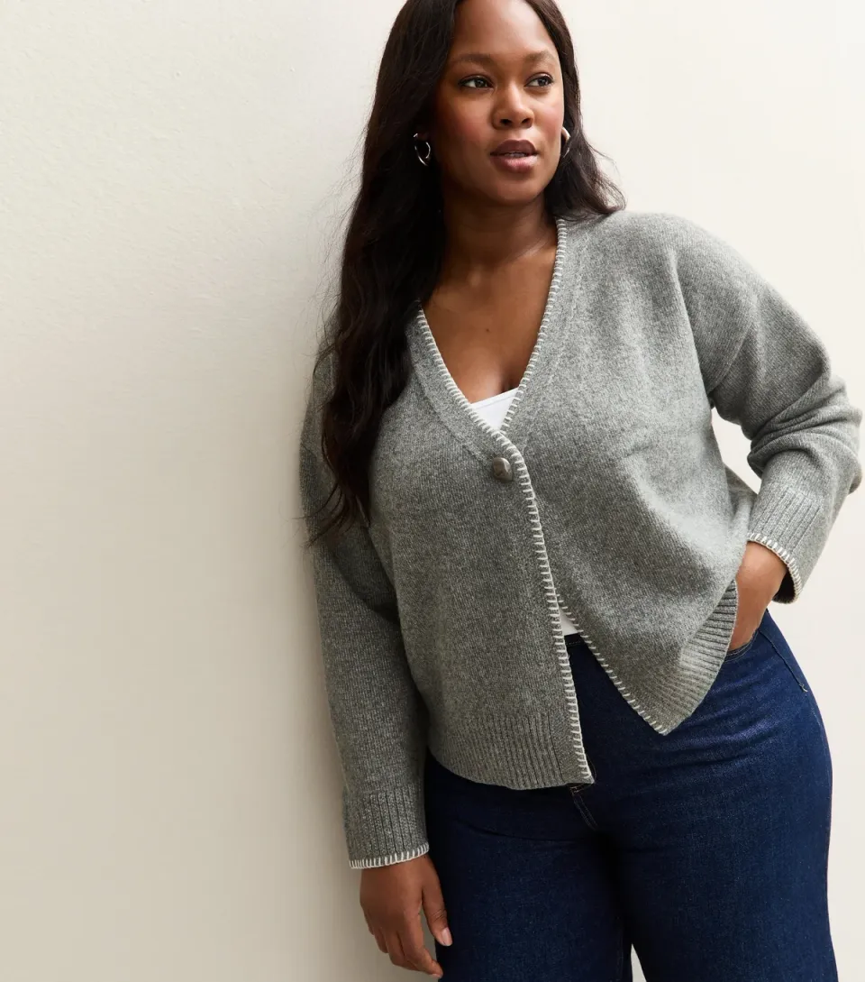Women's Plus Size Mid Grey Blanket Stitch V-Neck Cardigan Curves