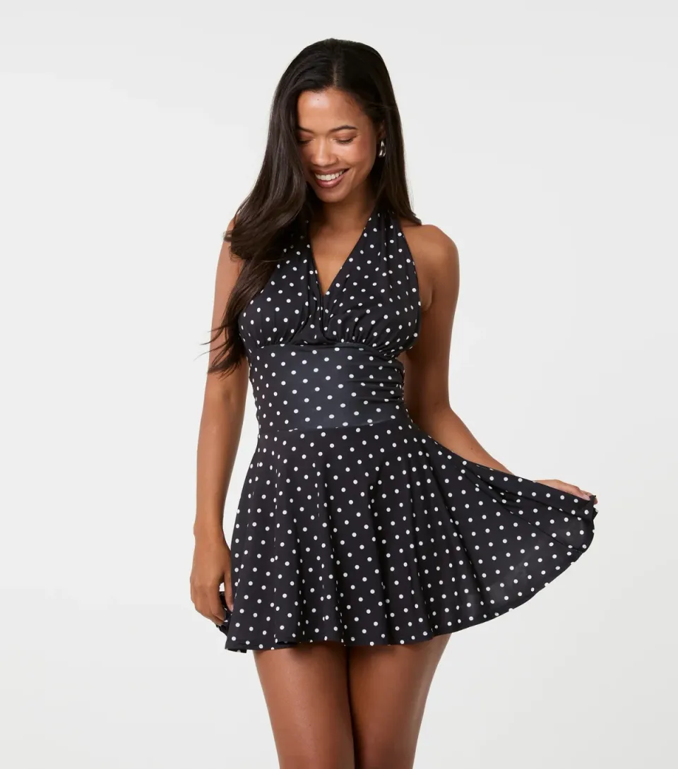 Women's Black Polka Dot Jersey Halter Neck Mini Dress