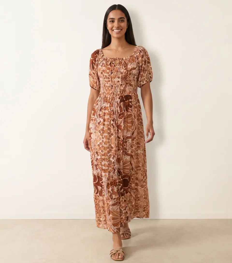 Women's Brown Tie Front Shirred Midi Dress