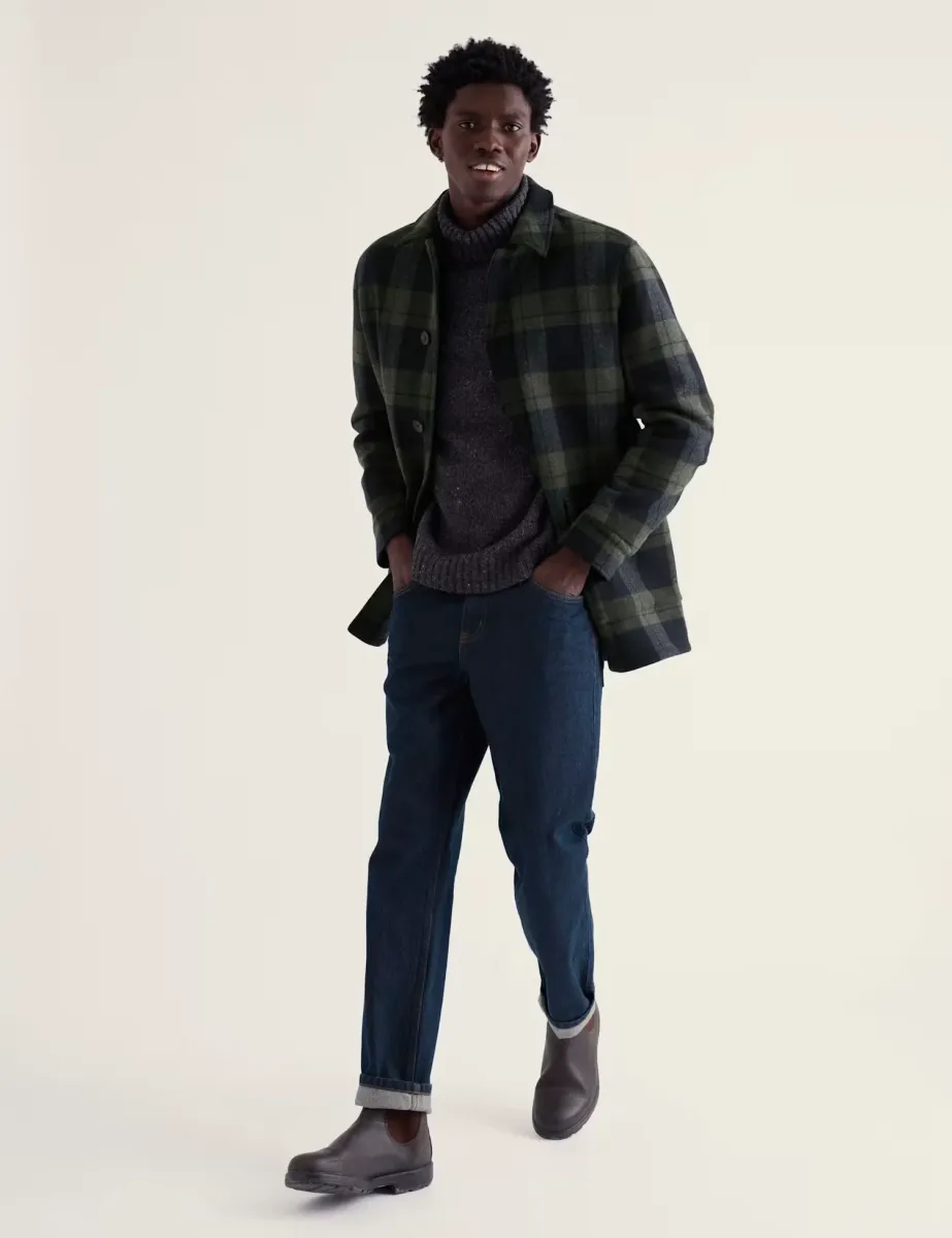 Rowlocks Wool Blend Check Overcoat Blue Mix