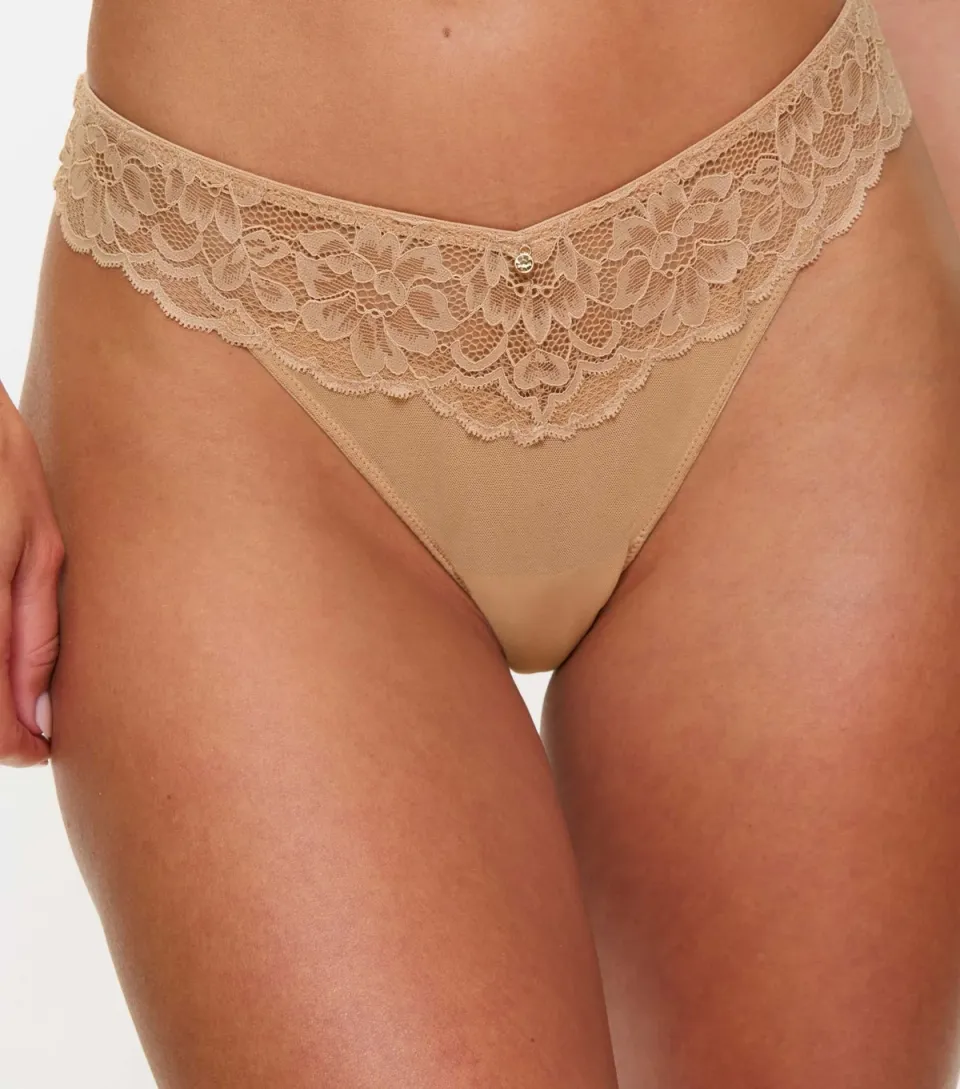 Women's Oatmeal Lace Panel Thong