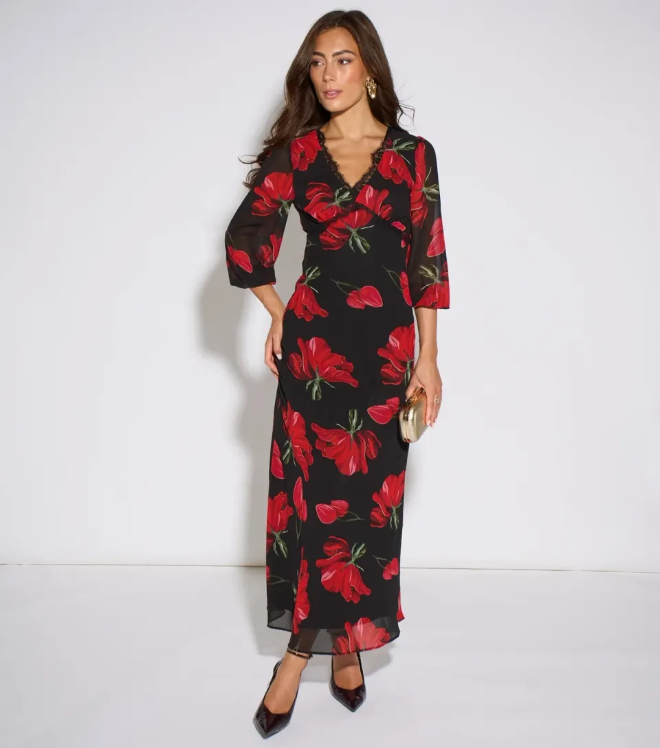 Women's Black Floral Print Lace Trim Midi Dress