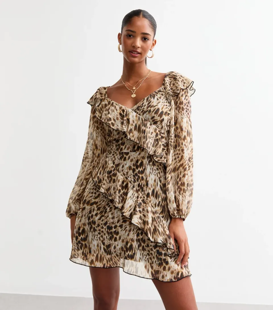 Women's Brown Animal Print Ruffled Mini Dress