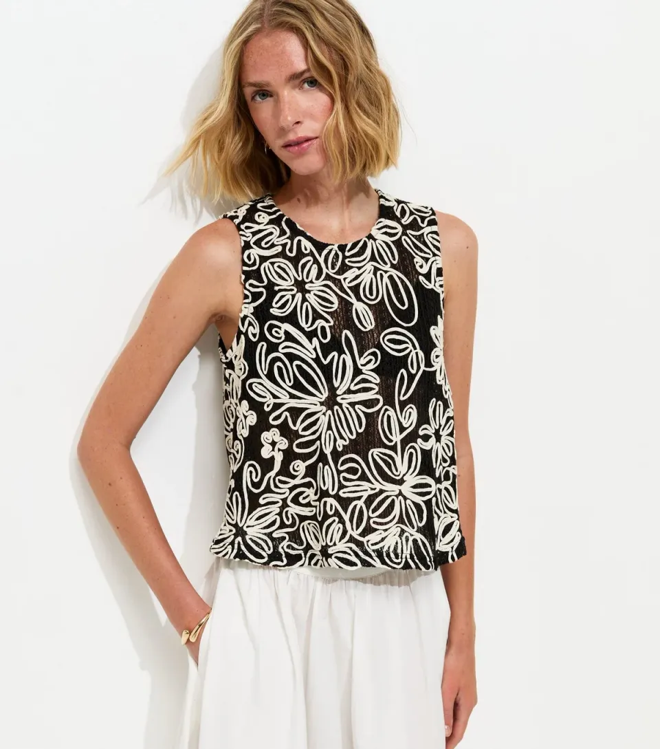 Women's Black Floral Appliqué Sleeveless Top