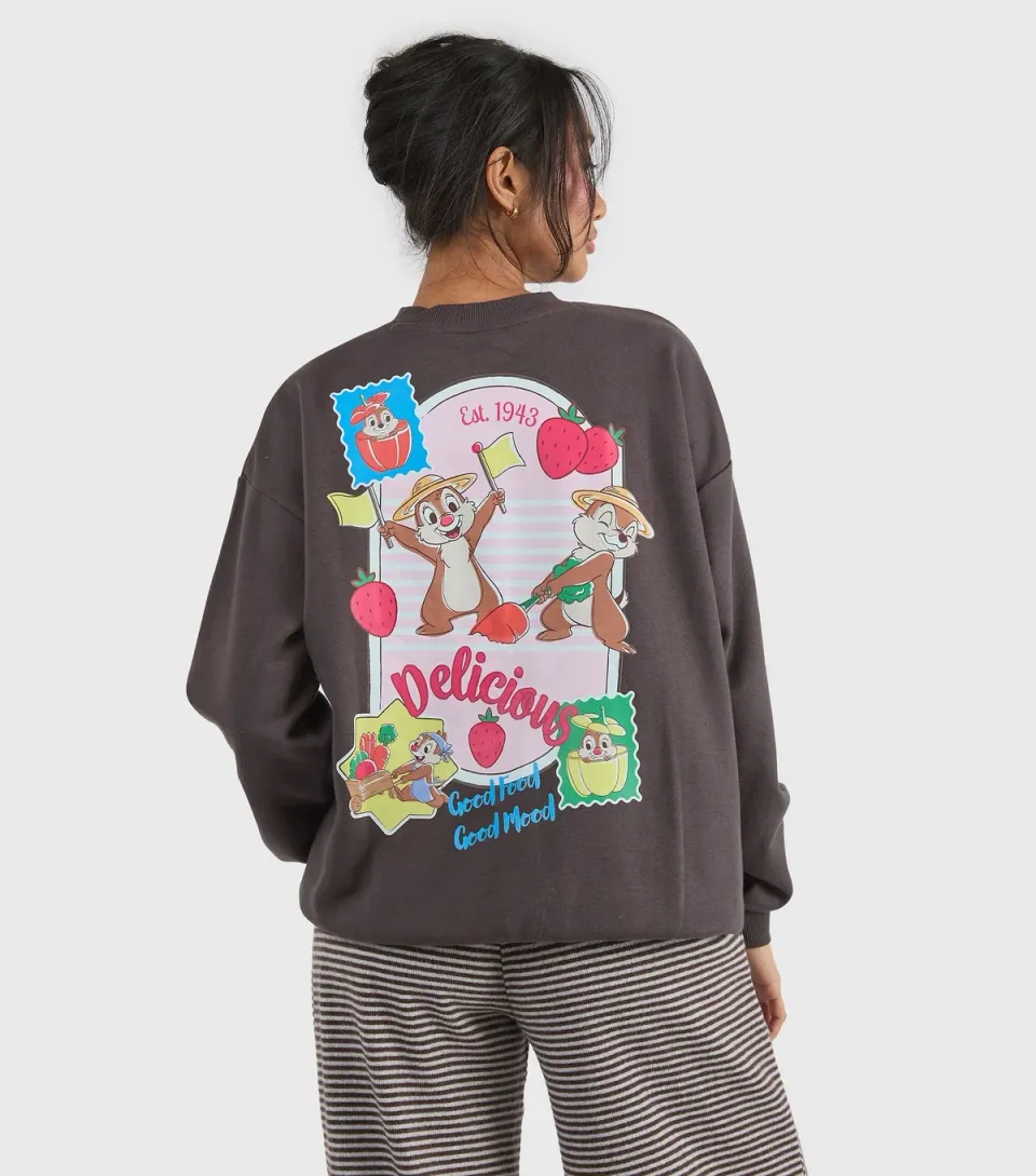 Women's Custard Faded Black Disney Chip N Dale Print Sweatshirt