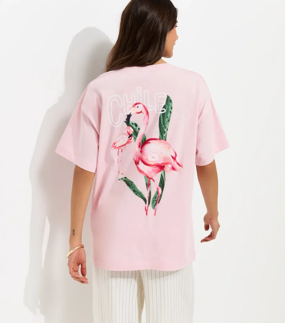 Women's Light Pink Cotton Flamingo Print Oversized T-Shirt