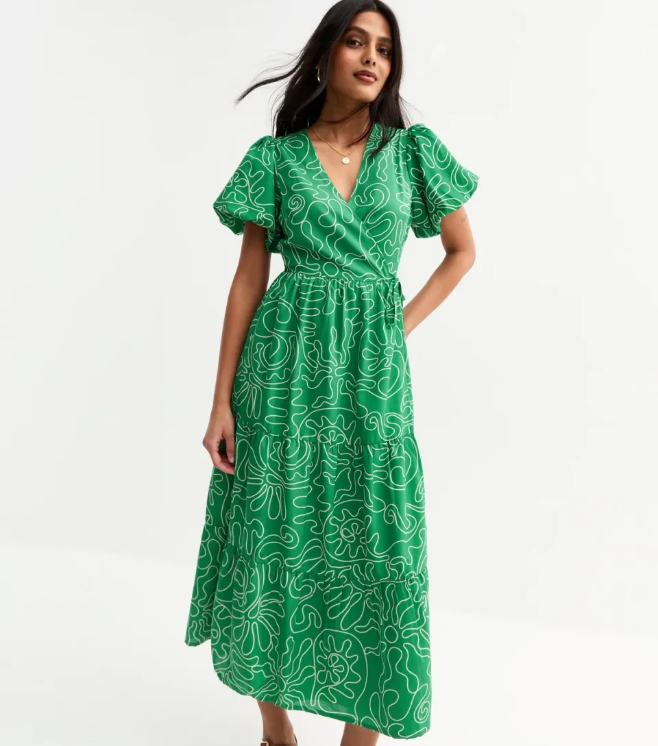 Women's Green Swirl Print Tiered Midi Wrap Dress