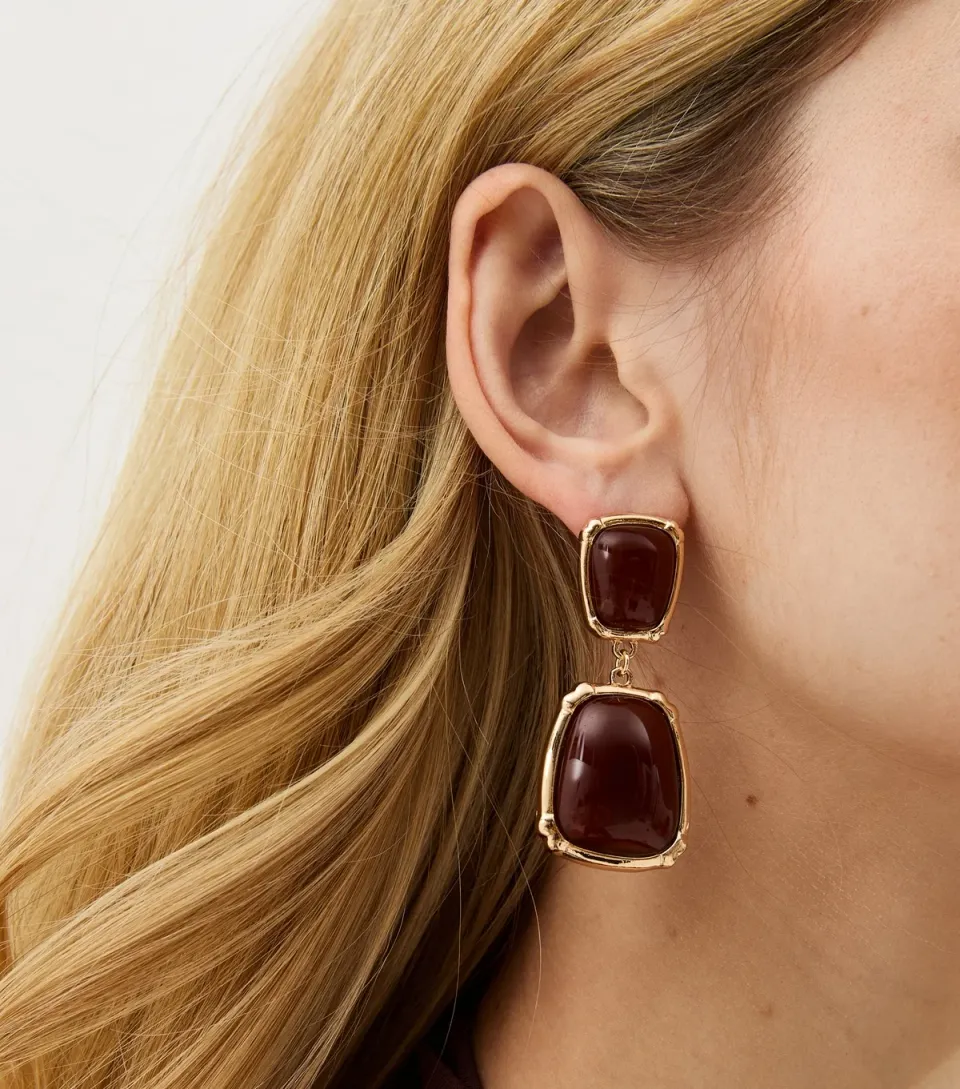 Gold Tone Brown Enamel Square Drop Earrings