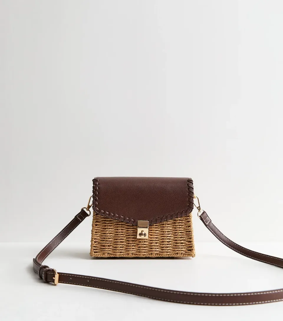 Stone Woven Wicker Front Flap Crossbody Bag