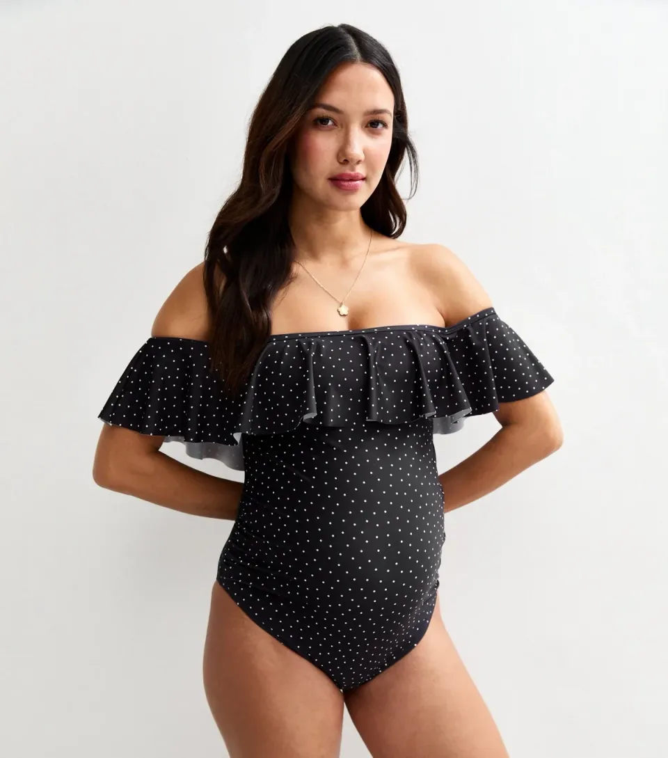 Women's Maternity Black Polka Dot Frilly Trim Swimsuit