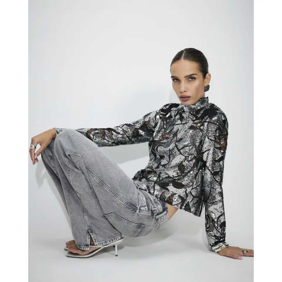Sequin Funnel Neck Long Sleeve Top