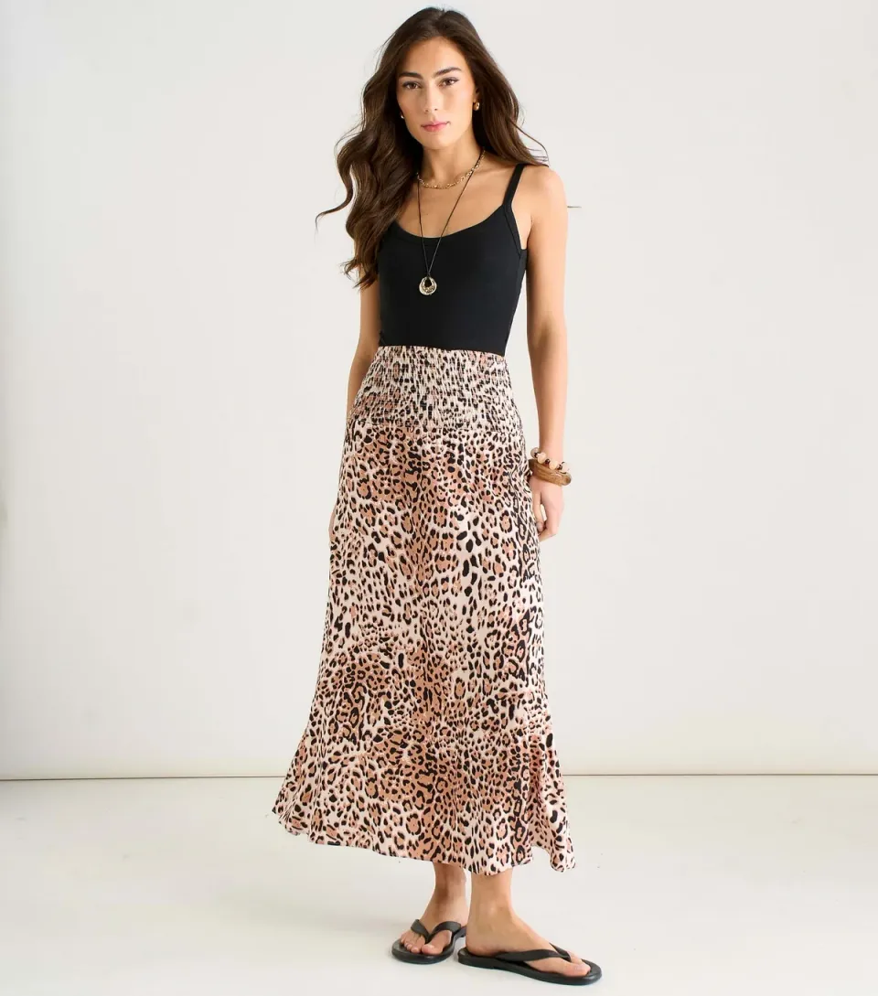 Women's Brown Leopard Print Shirred Waist Midi Skirt