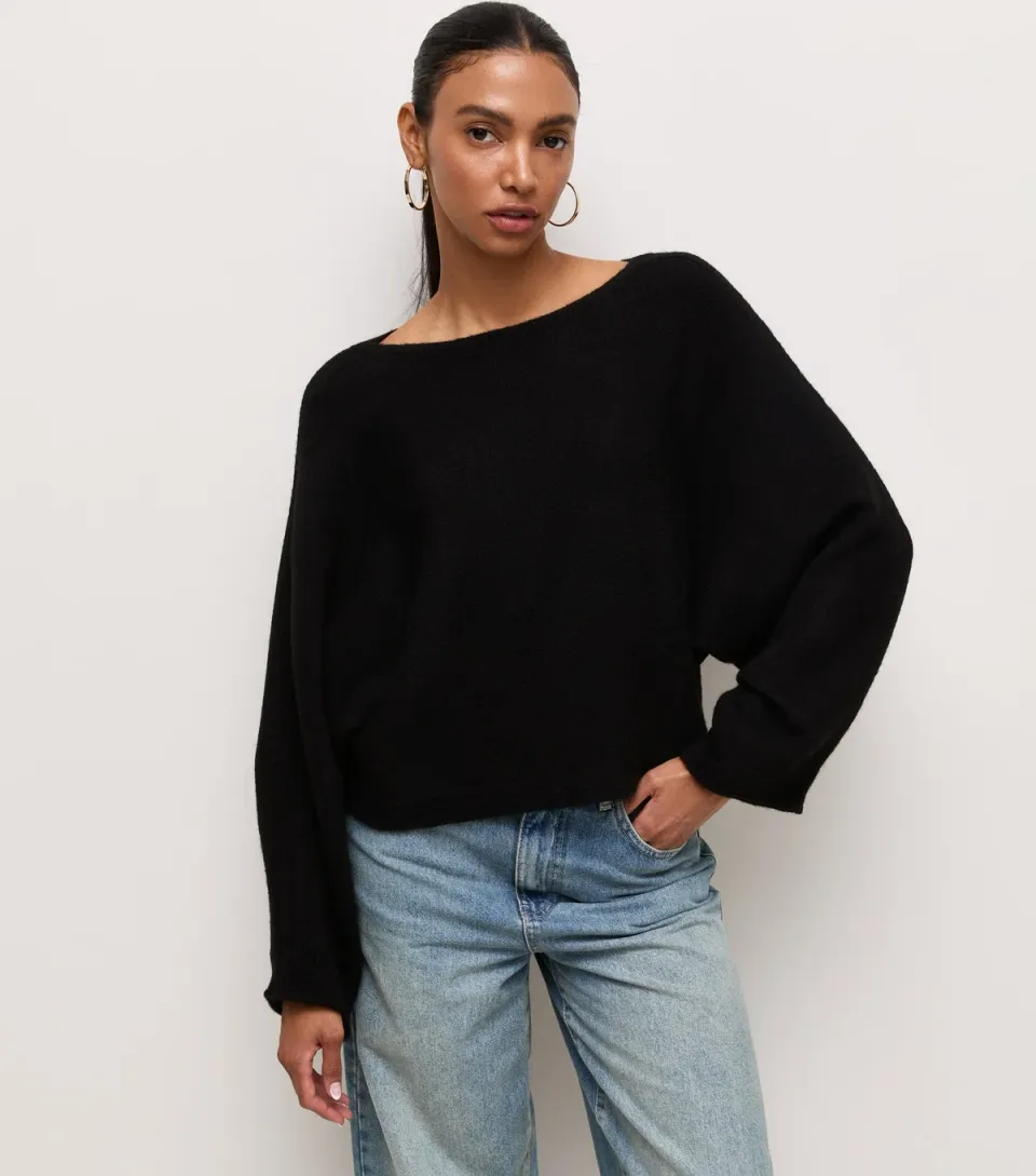 Women's Black Slash Neck Batwing Sleeve Jumper