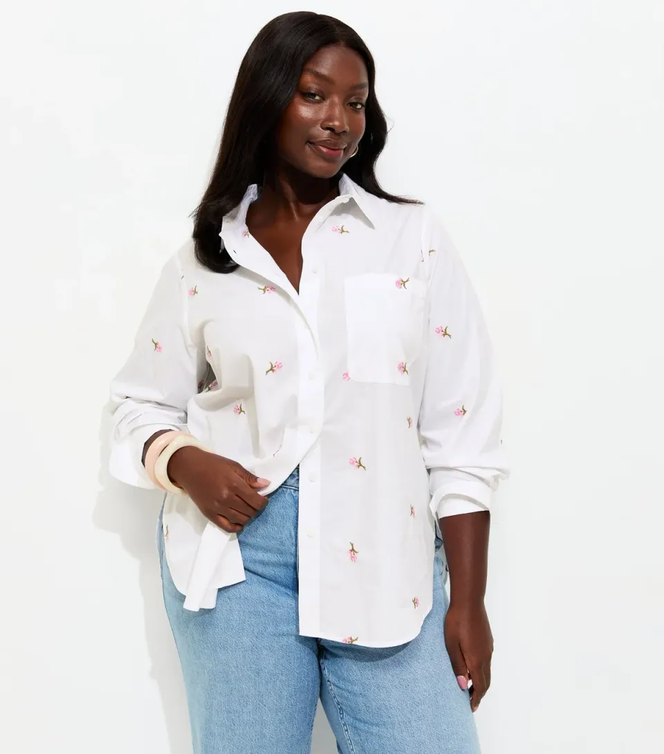 Women's Plus Size White Embroidered Floral Poplin Shirt Curves