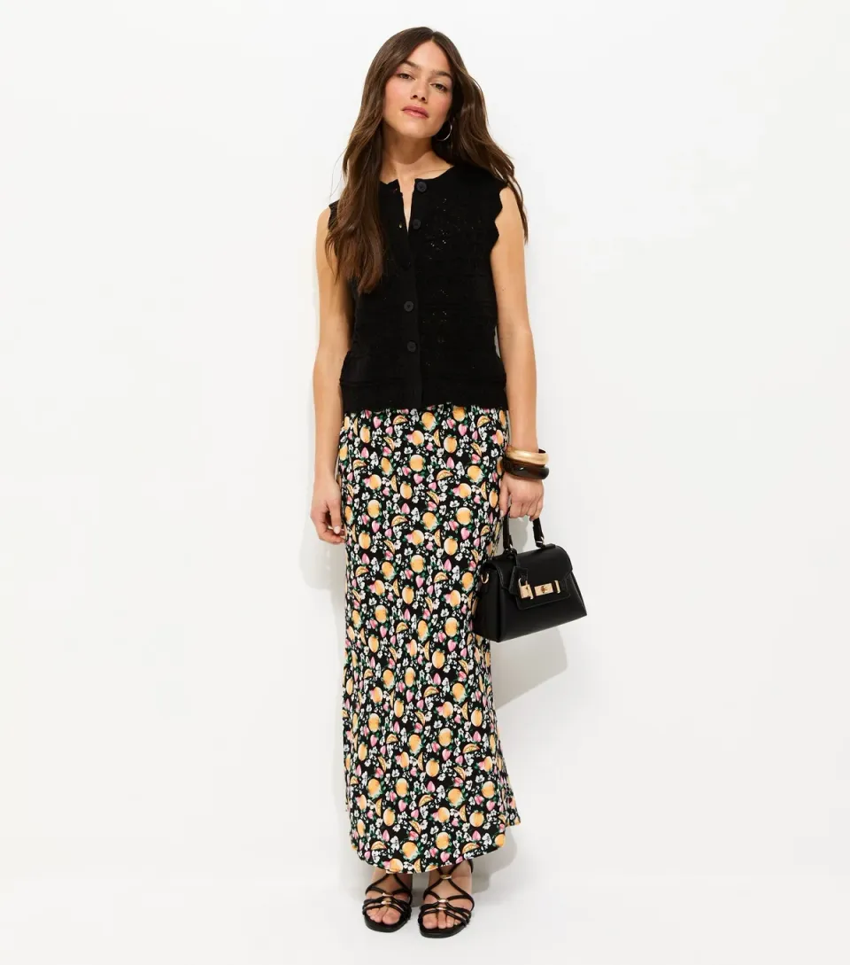 Women's Petite Black Fruit Print Bias Cut Midi Skirt