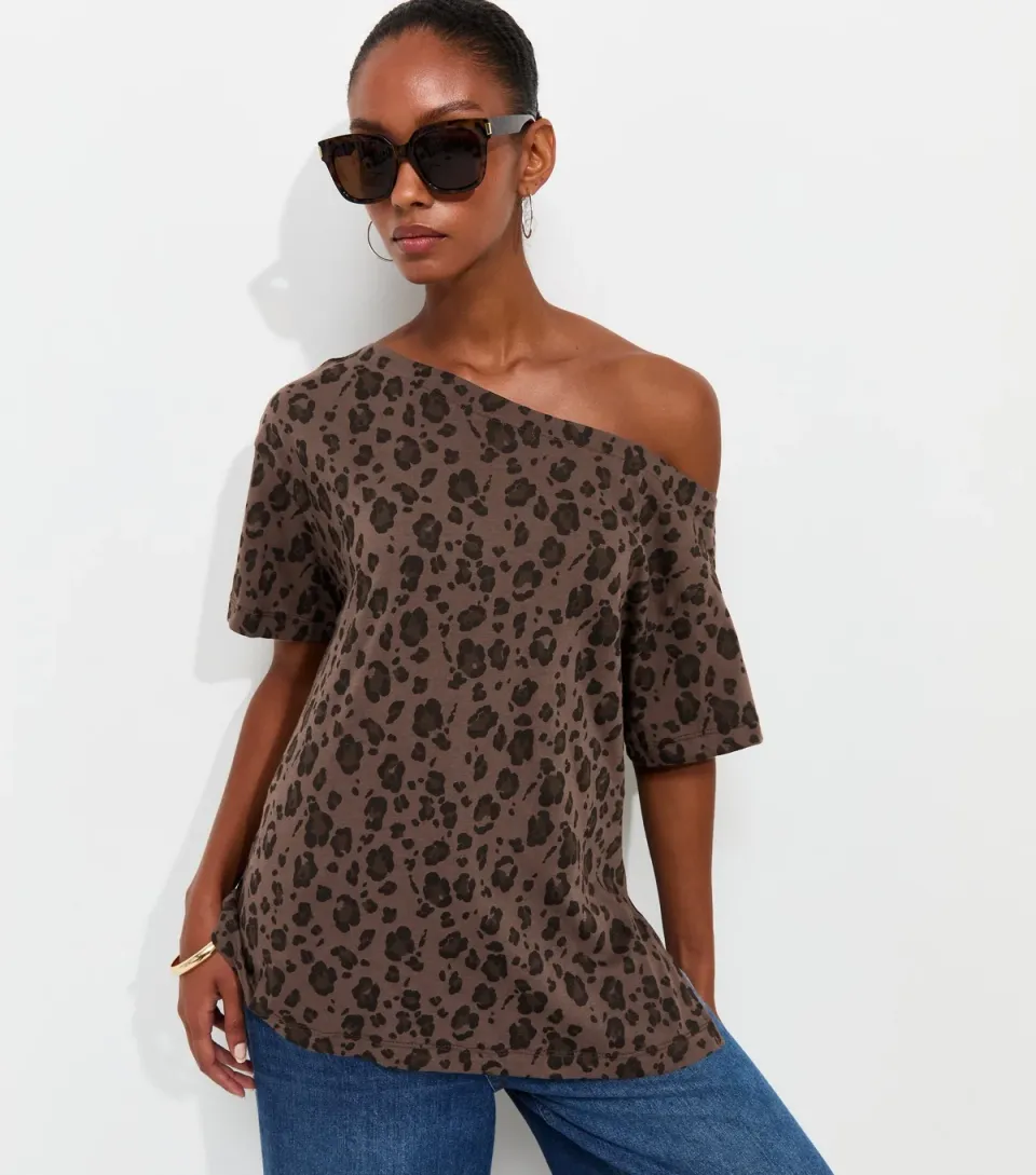 Women's Brown Cotton Leopard Print Off The Shoulder T-Shirt
